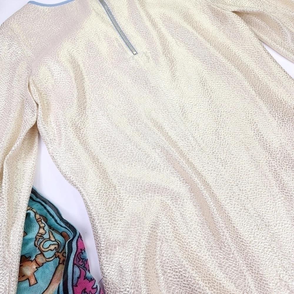 New Sail to Sable Silk Metallic Gold Blue Detailing Dress Sz 4 - Picture 3 of 14